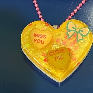 Valentine Conversation Hearts Resin Necklace Pink Metal Chain Handmade Jewelry
